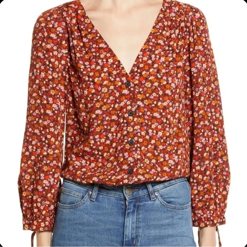 Madewell Ditsy Floral Blouse Brown Red Button Up V Neck Top Medium Tie Sleeve